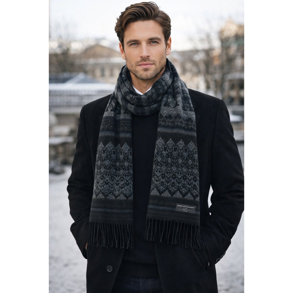 D&Y Scarf Mens OS Black Gray Fair Isle Softer Than Cashmere Academia Minimalist‎